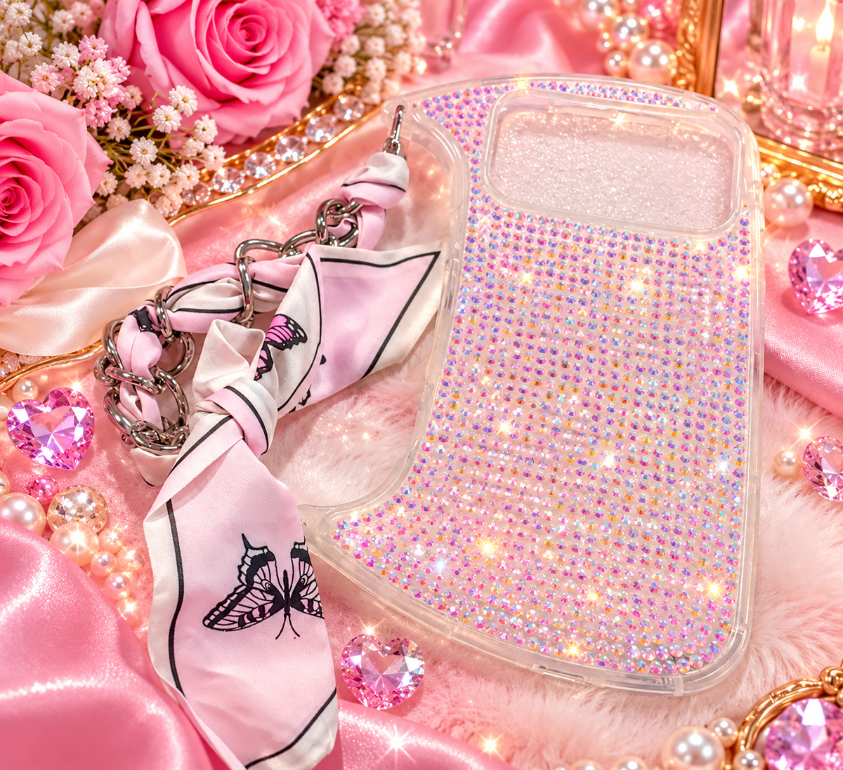 Iridescent Rhinestone iPhone 17 Pro Max Case with Butterfly Strap